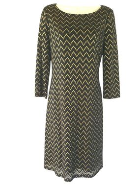 Nine West Black Dress with Gold Chevron Pattern - Long Sleeve Size 10 EXCELLENT